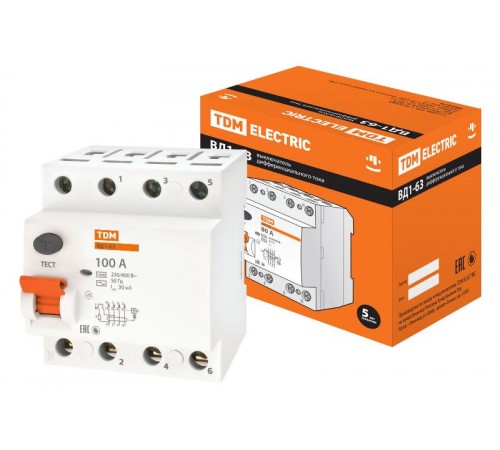 Выключатель дифференциальный (УЗО) ВД1-63 4п 100А 30мА тип AC  SQ0203-0050  TDM