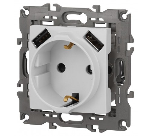 Розетка Elegance 14-4109-01М 2P+E 16A-250В, штор. с 2xUSB 5В-3А, белый матовый  Б0065773  ЭРА
