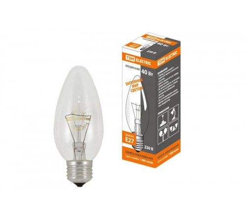 Лампа накаливания ЛОН  40Вт Е27 230В свеча прозрачная  SQ0332-0010  TDM