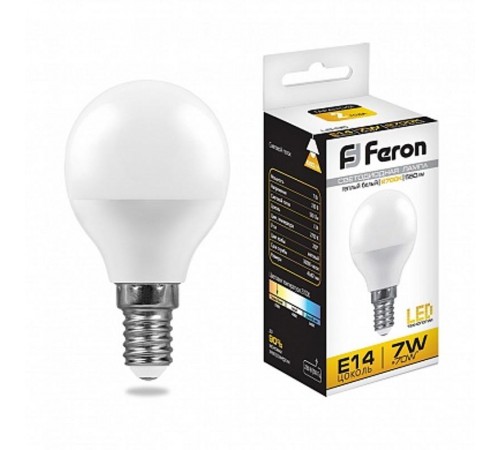 Лампа светодиодная LB-95 (7W) 230V E14 2700K G45  25478  FERON