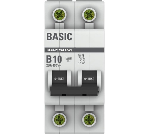Выключатель автоматический двухполюсный 2P 10А (B) 4,5кА ВА 47-29 EKF Basicmcb4729-2-10-BEKF