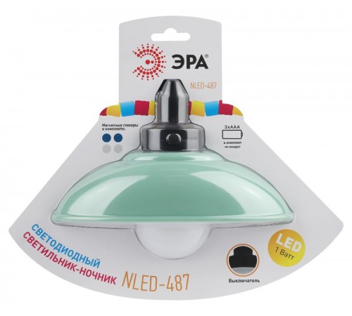 Ночник - светильник светодиодный NLED-487-1W-SW-GR настенный на батарейках с выключателем зеленый  Б0051476  ЭРА