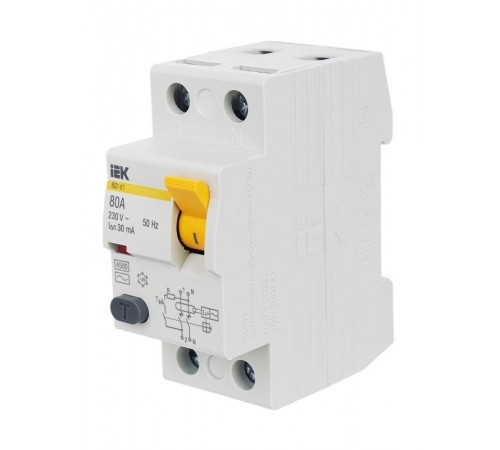 Выключатель дифференциальный (УЗО) ВД1-63 2п 80А 30мА тип AC  MDV10-2-080-030  IEK