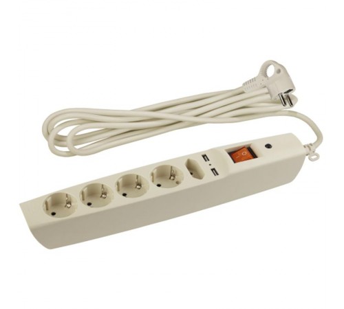 Сетевой фильтр SFU-5es-2m-I   (сл. кость) с заземл, 3x0.75мм2, со шт, с выкл, 5гн+2xUSB, 2м, кор (20/2 C0043328  ЭРА