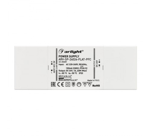Блок питания ARV-SP-24024-FLAT-PFC (24V, 1A, 24W) (Arlight, IP20 Пластик, 5 лет)  033259  Arlight