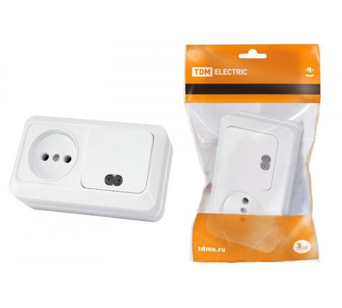 Блок комбинированный выкл. 1-кл. с/п 10А + розетка 2П 10А 250В БКВР IP20 белый "Ладога"  SQ1801-0107  TDM