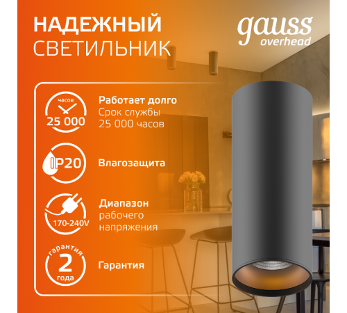 Светильник  Overhead накл цил 12W 900lm 3000K 170-240V IP20 79*200мм черный LED 1/10/30  HD009  Gauss