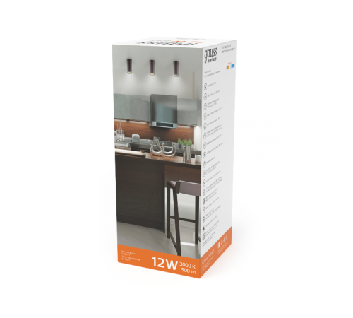 Светильник  Overhead накл цил 12W 900lm 3000K 170-240V IP20 79*200мм черный LED 1/10/30  HD009  Gauss