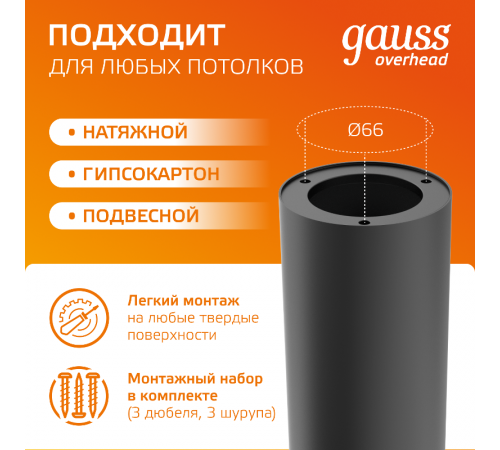 Светильник  Overhead накл цил 12W 900lm 3000K 170-240V IP20 79*200мм черный LED 1/10/30  HD009  Gauss