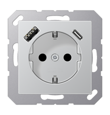 Розетка SCHUKO® с USB-зарядным устройством, тип A + тип С; термопласт; алюминий  A1520-15CAAL  Jung
