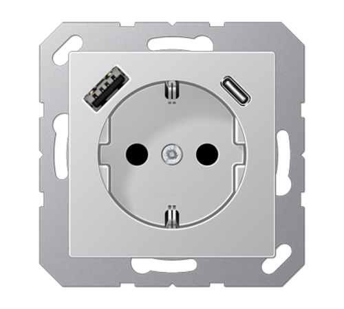Розетка SCHUKO® с USB-зарядным устройством, тип A + тип С; термопласт; алюминий  A1520-15CAAL  Jung