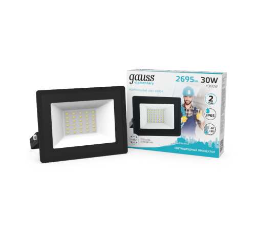 Прожектор светодиодный Elementary 30W 2695lm 4000К 200-240V IP65 черный LED 1/10  613100230  Gauss