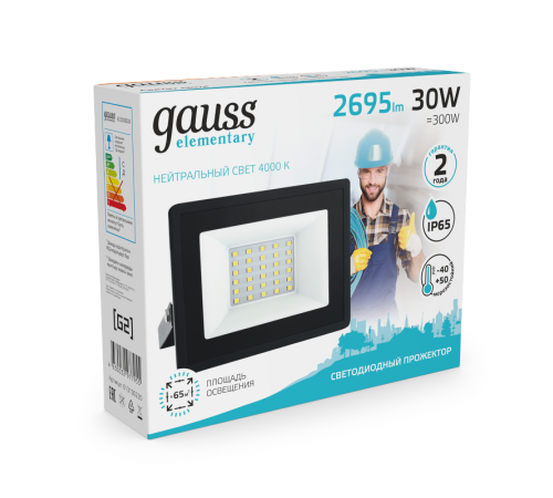 Прожектор светодиодный Elementary 30W 2695lm 4000К 200-240V IP65 черный LED 1/10  613100230  Gauss