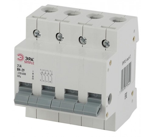 Выключатель нагрузки модульный (мини-рубильник) ВН-29 4P 25А SIMPLE-mod-68 ЭРА SIMPLE  Б0039258  ЭРА
