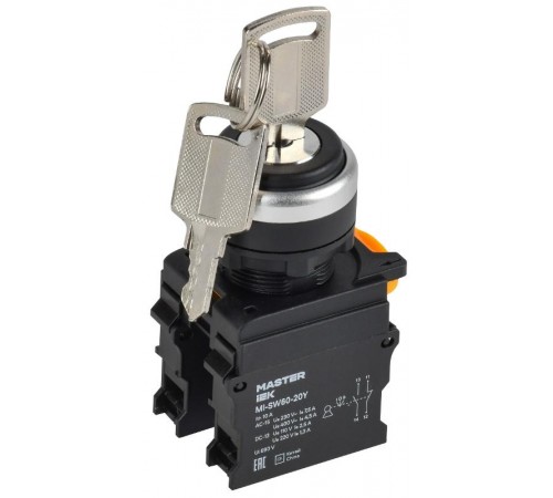 Переключатель с ключом 3 полож. 1NO+1NC чёрный MASTER  MI-SW60-20Y-3-34-3-K02  IEK