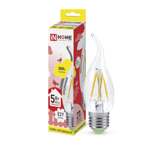 Лампа светодиодная LED-СВЕЧА НА ВЕТРУ-deco 5Вт 230В Е27 3000К 450Лм прозр  4690612007649  IN HOME