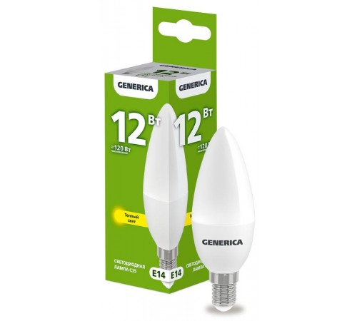 Лампа светодиодная C35 свеча 12Вт 230В 3000К E14   LL-C35-12-230-30-E14-G  GENERICA