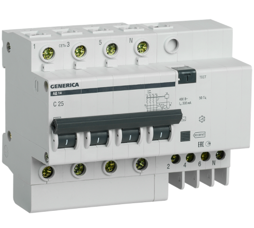 Выключатель автоматический дифференциального тока АД14 4п 25А C 300мА тип AC (7 мод)  MAD15-4-025-C-300  GENERICA