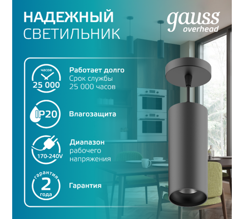 Светильник светодиодный накладной/подвесной HD034 12W (черный/черный) 4100K 79*200мм 1/10  HD034  Gauss