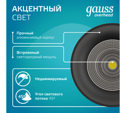 Светильник светодиодный накладной/подвесной HD034 12W (черный/черный) 4100K 79*200мм 1/10  HD034  Gauss