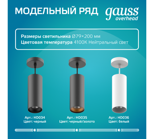 Светильник светодиодный накладной/подвесной HD034 12W (черный/черный) 4100K 79*200мм 1/10  HD034  Gauss