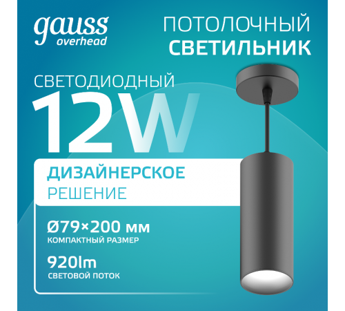 Светильник светодиодный накладной/подвесной HD034 12W (черный/черный) 4100K 79*200мм 1/10  HD034  Gauss