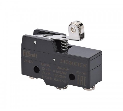 Миниатюрный конц. вык. 1НО1НЗ шарнирного короткого рычажного типа с металлическим роликом  34030DEK  DEKraft