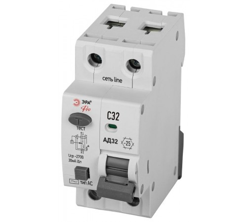 АВДТ 4,5кА  PRO D32E2C32АC30P АД-32 электронное 1P+N C32 30мА тип АC защита 230В   Б0057355  ЭРА