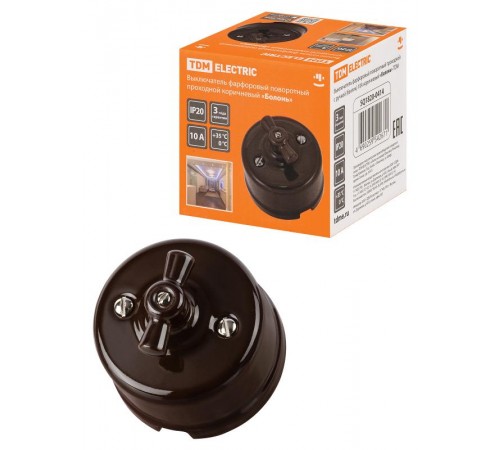 Выключатель фарфоровый поворотный проходной с ручкой (бантик) 10А коричневый "Болонь"  SQ1820-0414  TDM