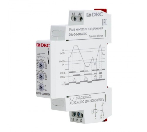 Реле контроля напряжения однофазное,  тип DRV, конфигурация контакта 1CO, 110-240В AC/DC  DRV-C-1-240ACDC  DKC