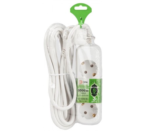 Удлинитель электрический ЭРА UDL-16-350-E Greenline 3 розетки с заземлением 5м ПВС 3x1мм2   Б0065045  ЭРА