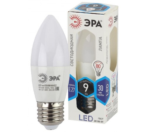 Лампа светодиодная LED 9Вт Е27 4000К smd B35-9w-840-E27 свеча  Б0027972  ЭРА