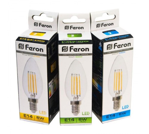 Лампа светодиодная LB-58 (5W) 230V E14 2700K филамент C35 прозрачная  25572  FERON