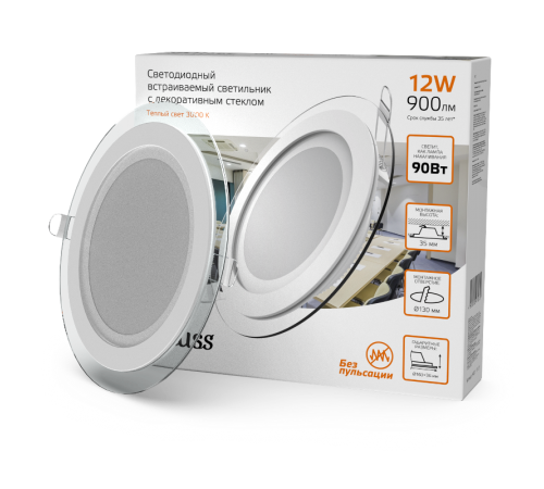 Светильник светодиодный круглый с декоративным стеклом,160х30, O118, 12W 3000K, 900лм  947111112  Gauss