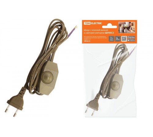 Шнур с плоской вилкой и светорегулятором ШУ05С3 (200Вт, RL) ШВВП 2х0,75мм2 2м. бронза  SQ1305-0053  TDM