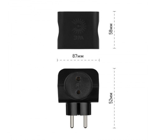 Тройник SP-4-B  4гн, без заземл (чёрный) (10/60/2880) Б0008207  ЭРА