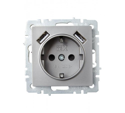 BRITE Розетка с заземлением со шторками 16А с USB A+A 2,1А РЮш10-1-БрС сталь  BR-R14-16-U21-D21-K46  IEK