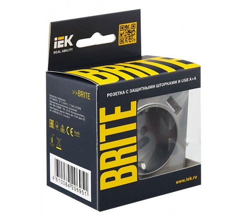 BRITE Розетка с заземлением со шторками 16А с USB A+A 2,1А РЮш10-1-БрС сталь  BR-R14-16-U21-D21-K46  IEK