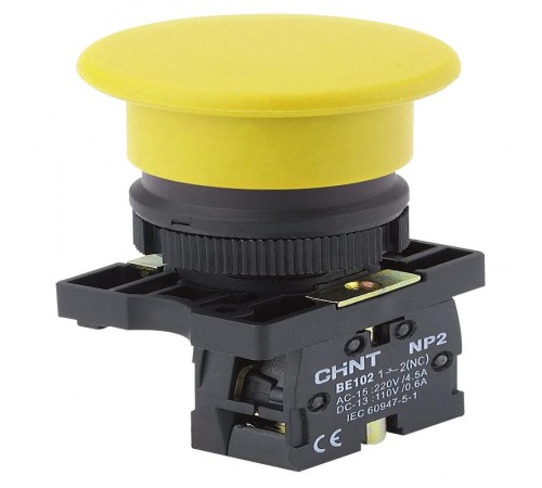 Кнопка управления "Грибок" 40мм самовозв. NP2-EC52 без подсветки, желтая 1НЗ, IP40 (R)  574094  CHINT
