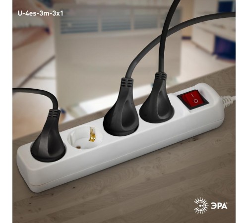Удлинитель Россия U-4es-3m Удлин-ль с заземл, с выкл, 4гн, 3м, ПВС, 3х1мм2, 16А  Б0028381  ЭРА