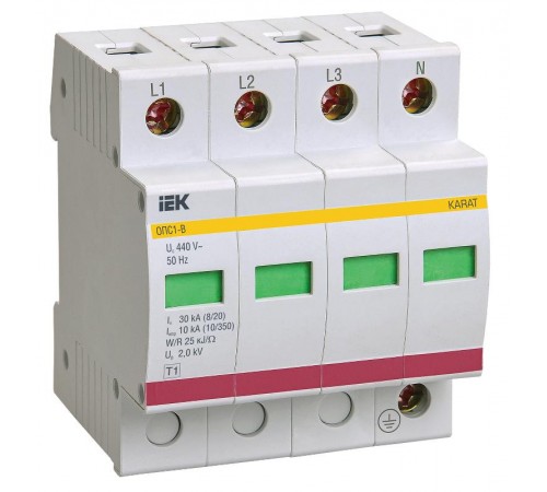 Ограничитель импульсного перенапряжения ОПС1-B 4Р In=30kA Un=400B Im=60kA  MOP20-4-B  IEK