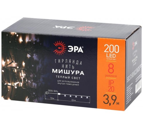 Гирлянда светодиодная  Нить Мишура 3,9 м зеленый провод, теплый свет, ENIN - GW   220V IP20 (24/576)  Б0047970  ЭРА