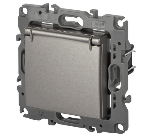 Розетка ЭРА Серия 12 12-2103-16 , с заземлением со шторками с крышкой, 16А-250В, титан   Б0065722  ЭРА