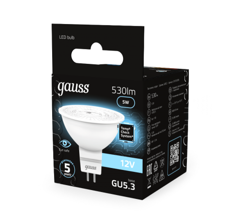 Лампа светодиодная LED 5Вт GU5.3 12В 4100К MR16  201505205  Gauss