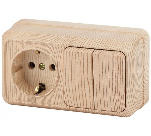 Блок розетка с выключателем Intro Quadro 2-702-11 двойным горизонтальный 10(16)А-250В, IP20, ОУ, сосна  Б0053880  Intro