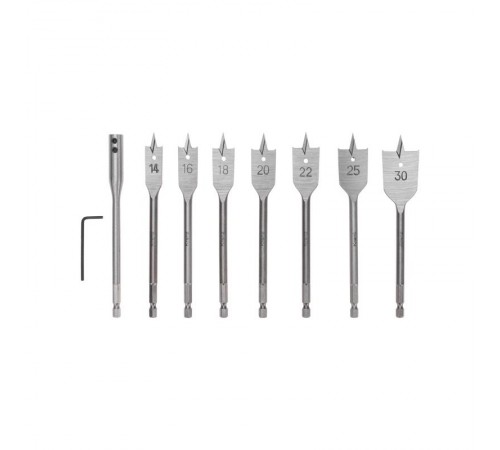 Набор сверл перовых по дереву 9 предметов: 14-16-18-20-22-25-30х152 мм, удлинитель, ключ угловой  KR-91-0762  Kranz