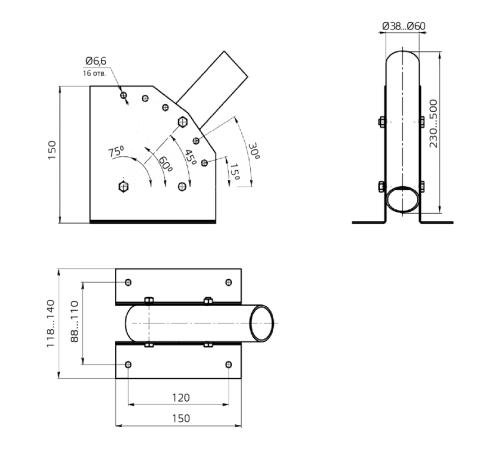 Кронштейн для уличных светильников с переменным углом 230х150х120 D38мм  903265101  Gauss