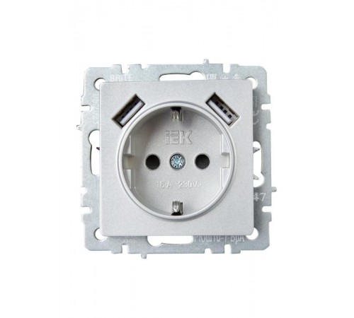 BRITE Розетка с заземлением со шторками 16А с USB A+A 2,1А РЮш10-1-БрА алюминий  BR-R14-16-U21-D21-K47  IEK