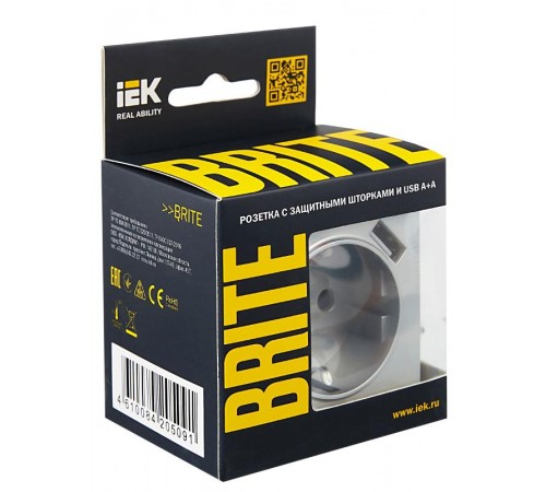 BRITE Розетка с заземлением со шторками 16А с USB A+A 2,1А РЮш10-1-БрА алюминий  BR-R14-16-U21-D21-K47  IEK