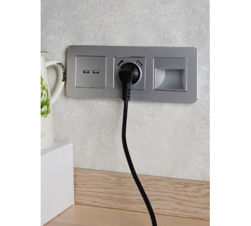 BRITE Розетка с заземлением со шторками 16А с USB A+A 2,1А РЮш10-1-БрА алюминий  BR-R14-16-U21-D21-K47  IEK